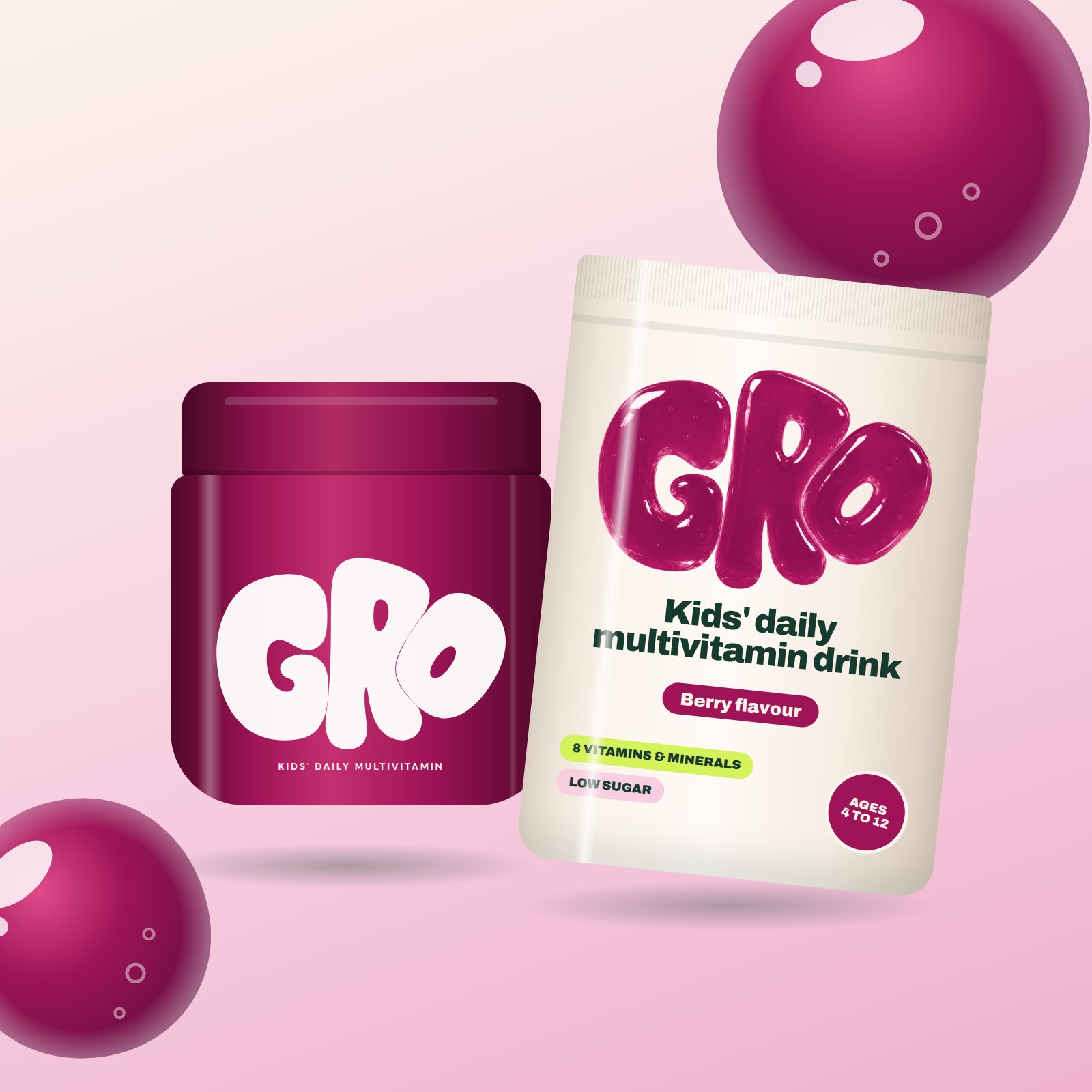 The GRO jar in Jelly Berry next to a GRO refill pouch